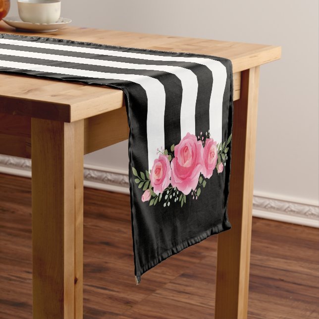 Classy Floral schwarz-weiße Streifen Tischläufer (Beispiel)