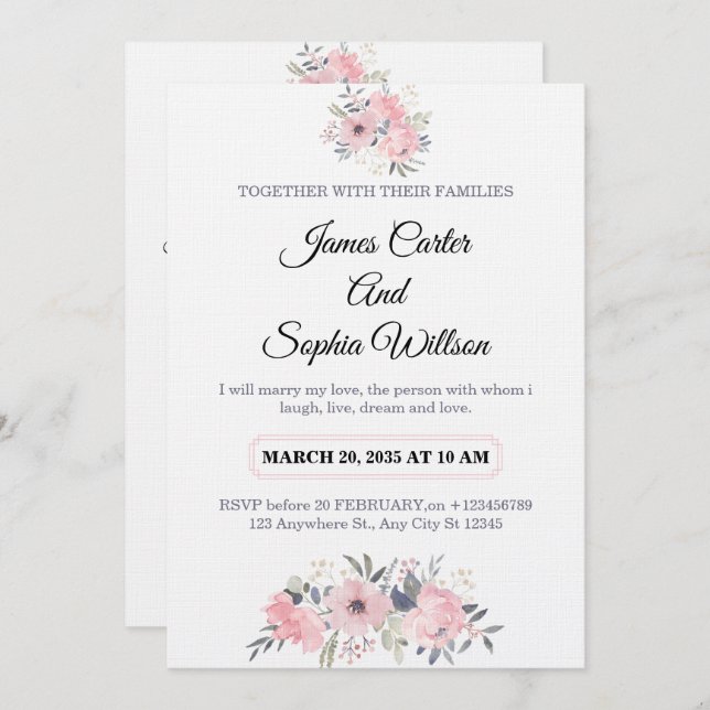 Classy Floral Wedding Invitation elegant card (Devant / Derrière)