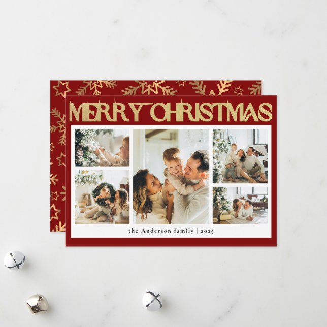 Classy Foto Collage Gold Schneeflocken Weihnachten (Vorderseite/Rückseite Beispiel)