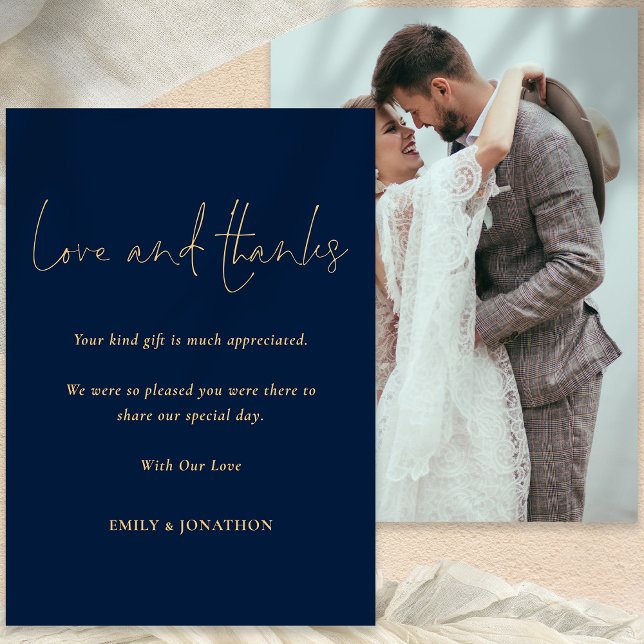 Classy Foto Hochzeit Liebe dank Script Navy Gold Karte (Front and back view)