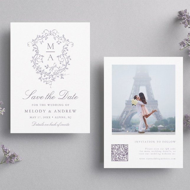 Classy French Lavender Floral Crest Wedding Photo Save The Date (Von Creator hochgeladen)