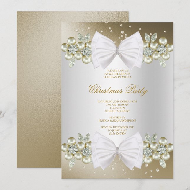 Classy Gems & Bow Gold Weihnachten Einladung (Vorne/Hinten)