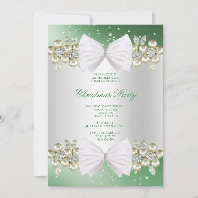 Classy Gems & Bow Green Christmas Einladung (Vorderseite)