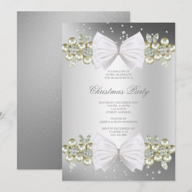 Classy Gems & Bow Silver Weihnachten Einladung (Vorne/Hinten)