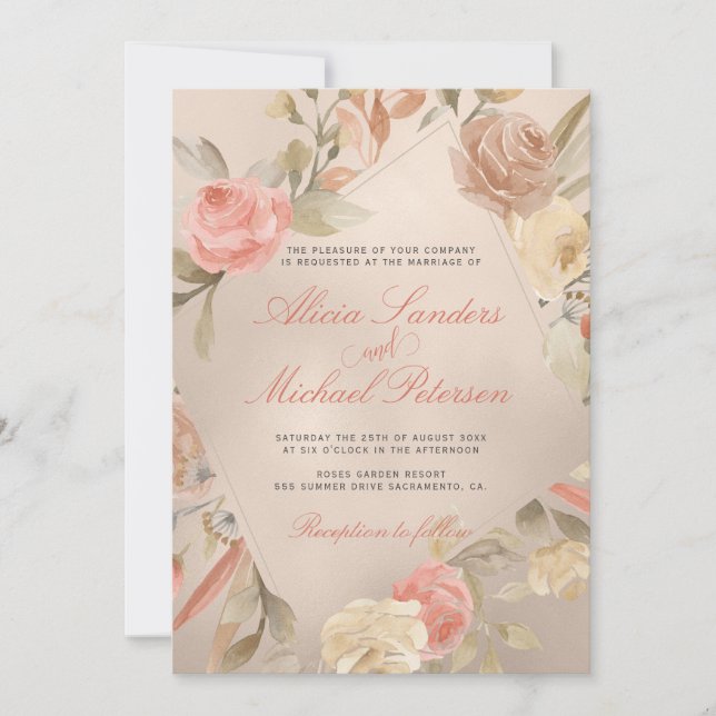 Classy Glam Peach Cream Coral Gold Rose Hochzeit Einladung (Vorderseite)