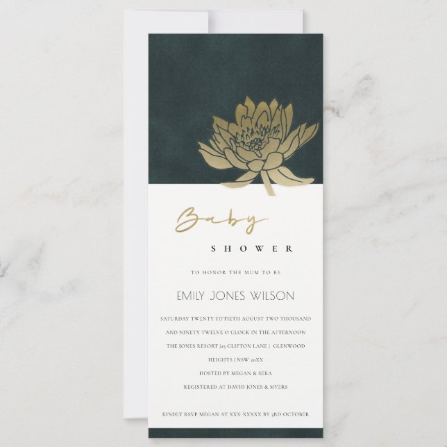CLASSY GOLD EMERALD GREEN LOTUS FLORAL BABY SHOWER EINLADUNG (Vorderseite)
