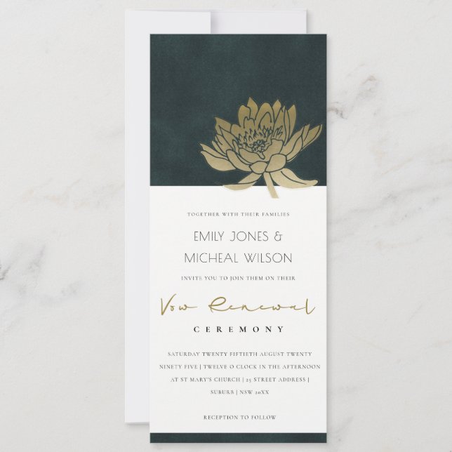 CLASSY GOLD EMERALD GREEN LOTUS FLORAL VOW RENEWY EINLADUNG (Vorderseite)