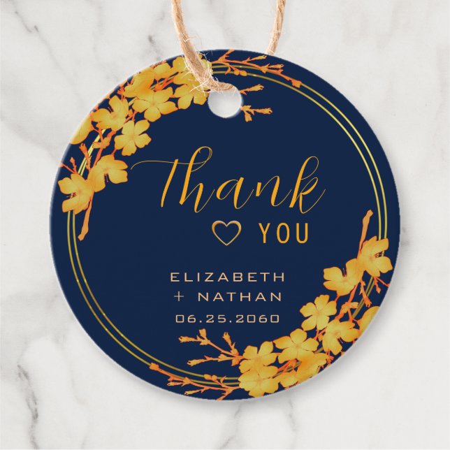 Classy Gold Floral Navy Blue Hochzeit Vielen Dank Geschenkanhänger (Vorderseite)