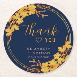 Classy Gold Floral Navy Blue Hochzeit Vielen Dank Runder Pappuntersetzer