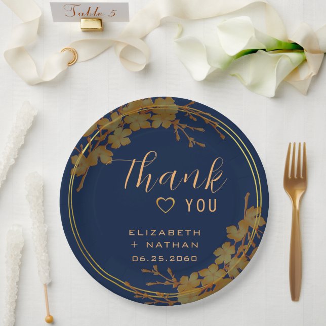 Classy Gold Floral Navy Blue Pappteller (Hochzeit)