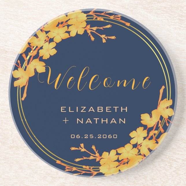 Classy Gold Floral Navy Blue Wedding Willkommen Getränkeuntersetzer (Vorne)