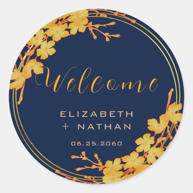 Classy Gold Floral Navy Blue Wedding Willkommen Runder Aufkleber (Vorderseite)