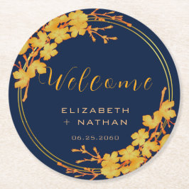 Classy Gold Floral Navy Blue Wedding Willkommen Runder Pappuntersetzer