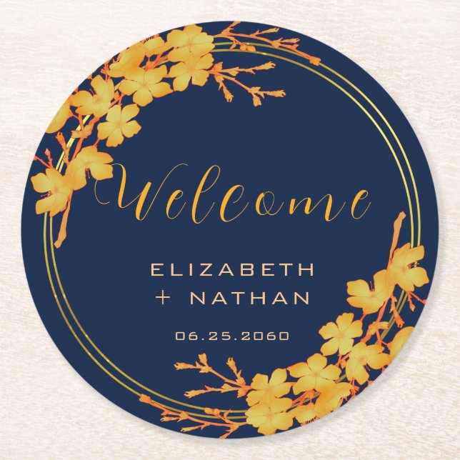Classy Gold Floral Navy Blue Wedding Willkommen Runder Pappuntersetzer (Vorderseite)