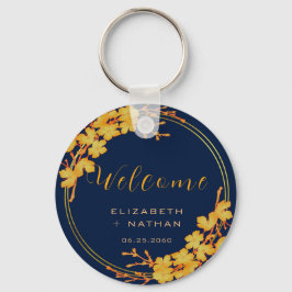 Classy Gold Floral Navy Blue Wedding Willkommen Schlüsselanhänger