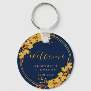 Classy Gold Floral Navy Blue Wedding Willkommen Schlüsselanhänger