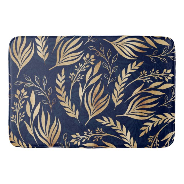 Classy Gold Foliage Botanical Blue Design Badematte (Vorderseite)