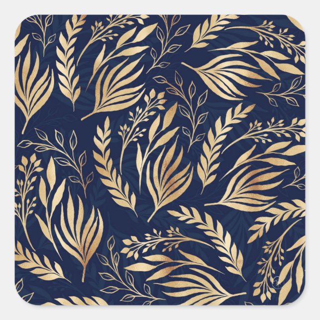 Classy Gold Foliage Botanical Blue Design Quadratischer Aufkleber (Vorderseite)