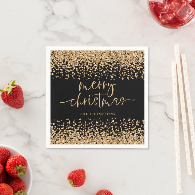 Classy Gold Glitzer Frohe Weihnachts Party Schwarz Serviette (Beispiel)