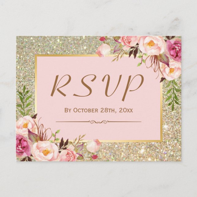 Classy Gold Glitzer Pink Floral UAWG Response Einladungspostkarte (Vorderseite)