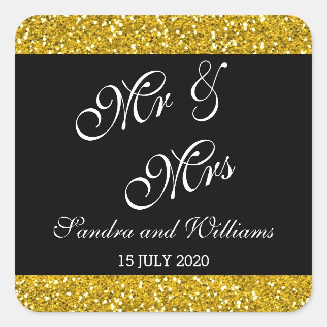 Classy Gold Glitzer und Black Mr & Mrs. Wedding Quadratischer Aufkleber (Vorderseite)