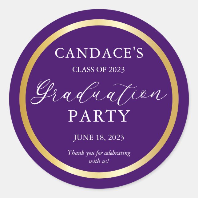Classy Gold Minimalistisch Graduation Party Lila Runder Aufkleber (Vorderseite)