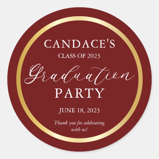 Classy Gold Minimalistisch Graduation Party Maroon Runder Aufkleber (Vorderseite)