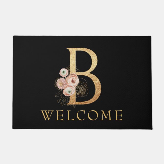 Classy Gold Monogram B mit Poppy Blume Doormat Fußmatte (Vorderseite)