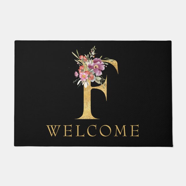 Classy Gold Monogram F mit Pink Florals Doormat Fußmatte (Vorderseite)