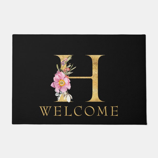 Classy Gold Monogram H mit Pink Florals Doormat Fußmatte (Vorderseite)