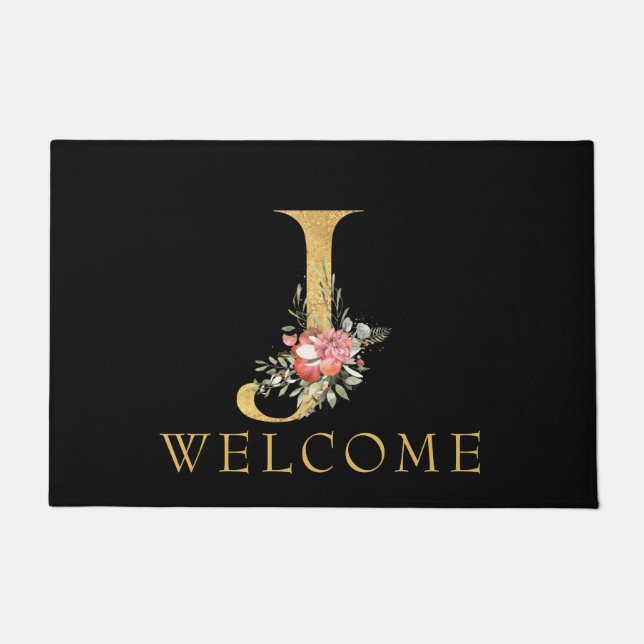 Classy Gold Monogram J mit Pink Florals Doormat Fußmatte (Vorderseite)