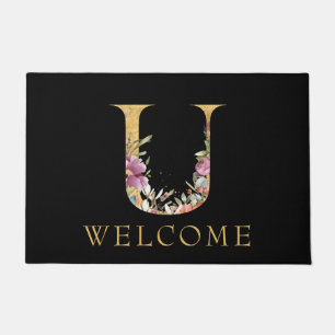 Classy Gold Monogram U mit Pink Florals Doormat Fußmatte