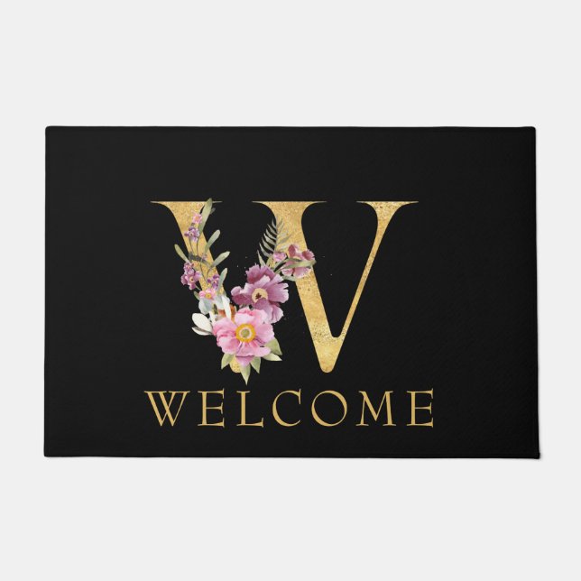 Classy Gold Monogram W mit Pink Florals Doormat Fußmatte (Vorderseite)