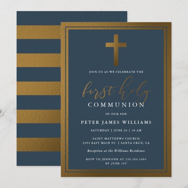 Classy Gold & Navy Blue First Heilige Kommunion Einladung (Vorne/Hinten)