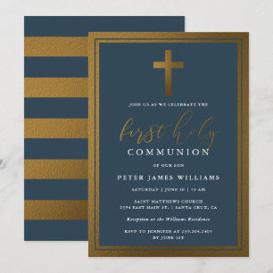 Classy Gold & Navy Blue First Heilige Kommunion Einladung