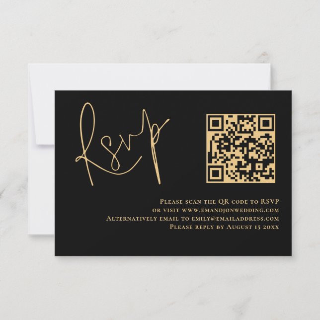 Classy Gold Script Black QR Code Wedding RSVP Karte (Vorderseite)