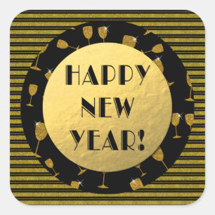 Classy Gold und Black Happy New Year! Quadratischer Aufkleber