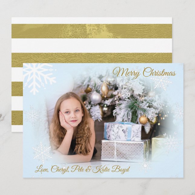 Classy Gold und Blue Custom Foto Weihnachten Einladung (Vorne/Hinten)