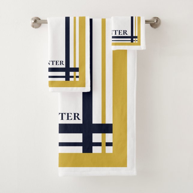 Classy Gold und Navy Striping Mit Monogramm Badhandtuch Set (Insitu)