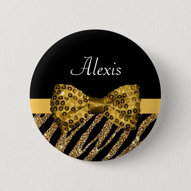 Classy Gold Zebra Print IMITATE Glitz Bow mit Name Button (Vorderseite)