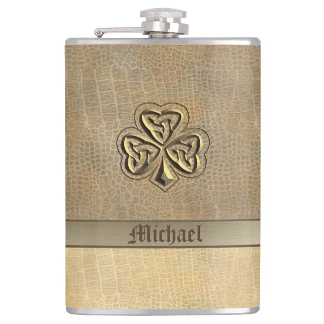 Classy golden Irish Glück Kleeblatt Leder Look Flachmann (Vorderseite)