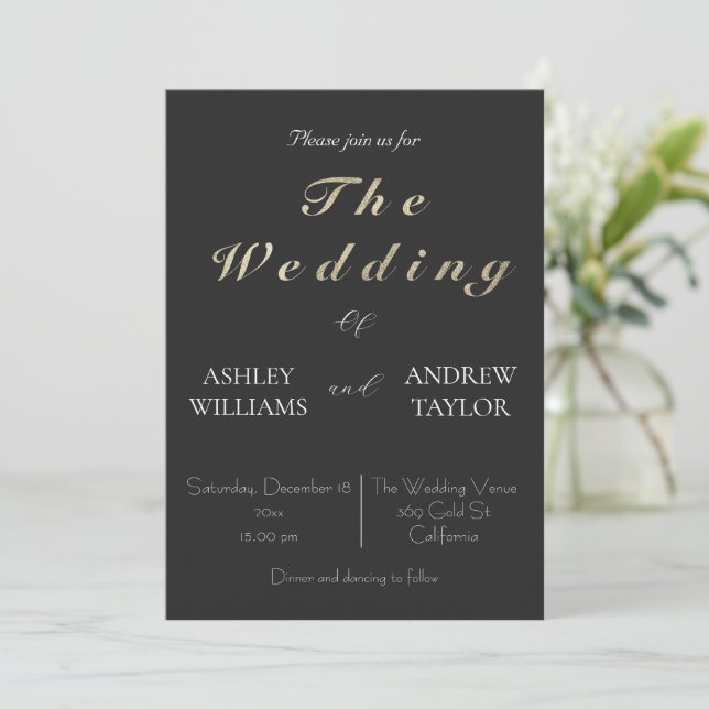 Classy Gray Elegant Gold Text Wedding Einladung (Stehend Vorderseite)