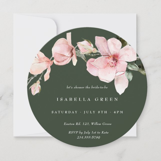 Classy Green Watercolor Magnolia Brautparty Einladung (Vorderseite)