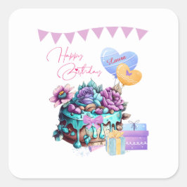 Classy Happy Birthday Cake Balloons Geschenke Quadratischer Aufkleber