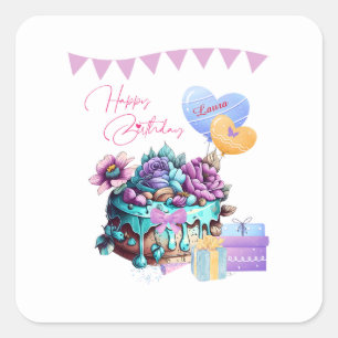 Classy Happy Birthday Cake Balloons Geschenke Quadratischer Aufkleber