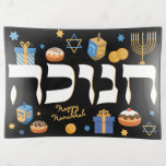 Classy Hebrew Hanukkah Menorah & Donuts auf schwar Dekoschale<br><div class="desc">Machen Sie eine kühne Aussage mit diesem Hanukkah-Tablett. Dieses Fach entfernt den Empfänger. Klassischer schwarzer Hintergrund und leuchtende Farben werden jemandes Urlaub aufhellen. Es ist der perfekte Weg, um ein festliches Hanukkah/Chanukah Party Tisch Set. Whimsikale bunte Chanukah-Elemente — einschließlich Jelly Donuts, Dreidels, Wrapped Gifts, Gold Coins and Stars— umschließen das...</div>