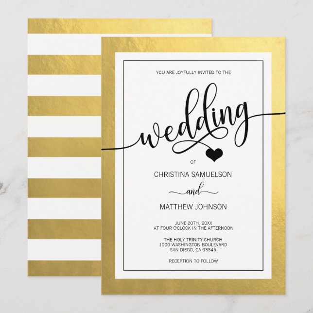 Classy Imitate Gold Foil Black & White Heart Weddi Einladung (Vorne/Hinten)