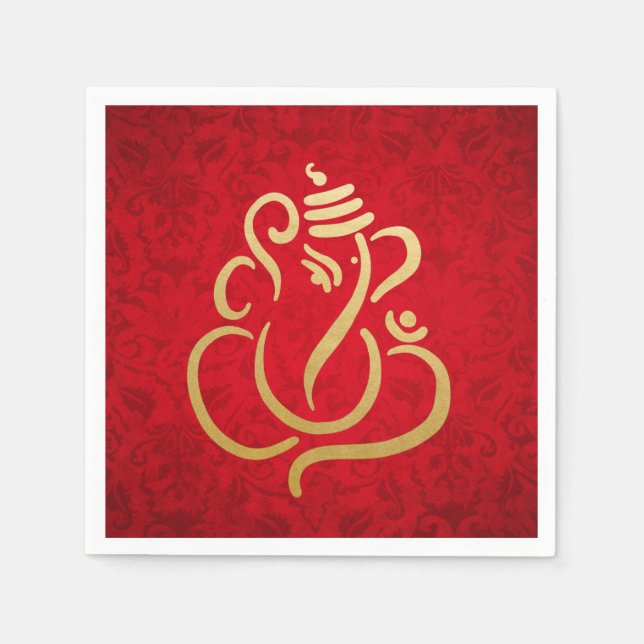 Classy Imitats Gold Foil Ganesha Indian Red Damask Serviette (Vorderseite)