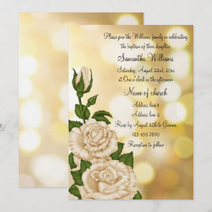 Classy Ivory Rose & Gold Bokeh Girls Taufe Einladung