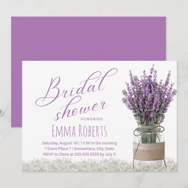 Classy Lavender Blume Mason Jar Brautparty Einladung (Vorne/Hinten)